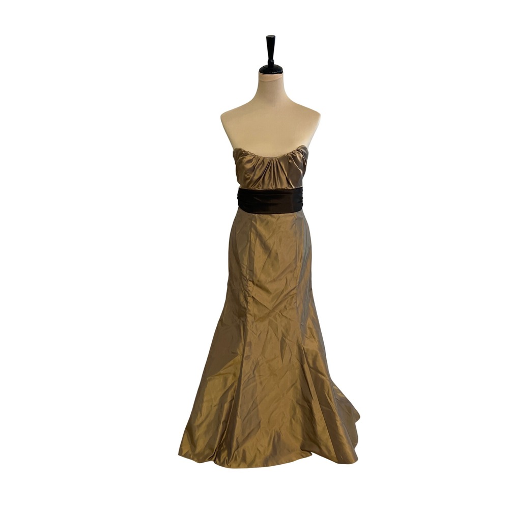 Jim Hjelm Occasions Bronze Taffeta Strapless Gown Brown Sash cocktail Size 8